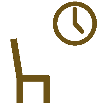 The image depicts a stylized icon of a person sitting in an armchair with their legs crossed, holding a book, and looking at a clock on the wall, which reads 10 35 .